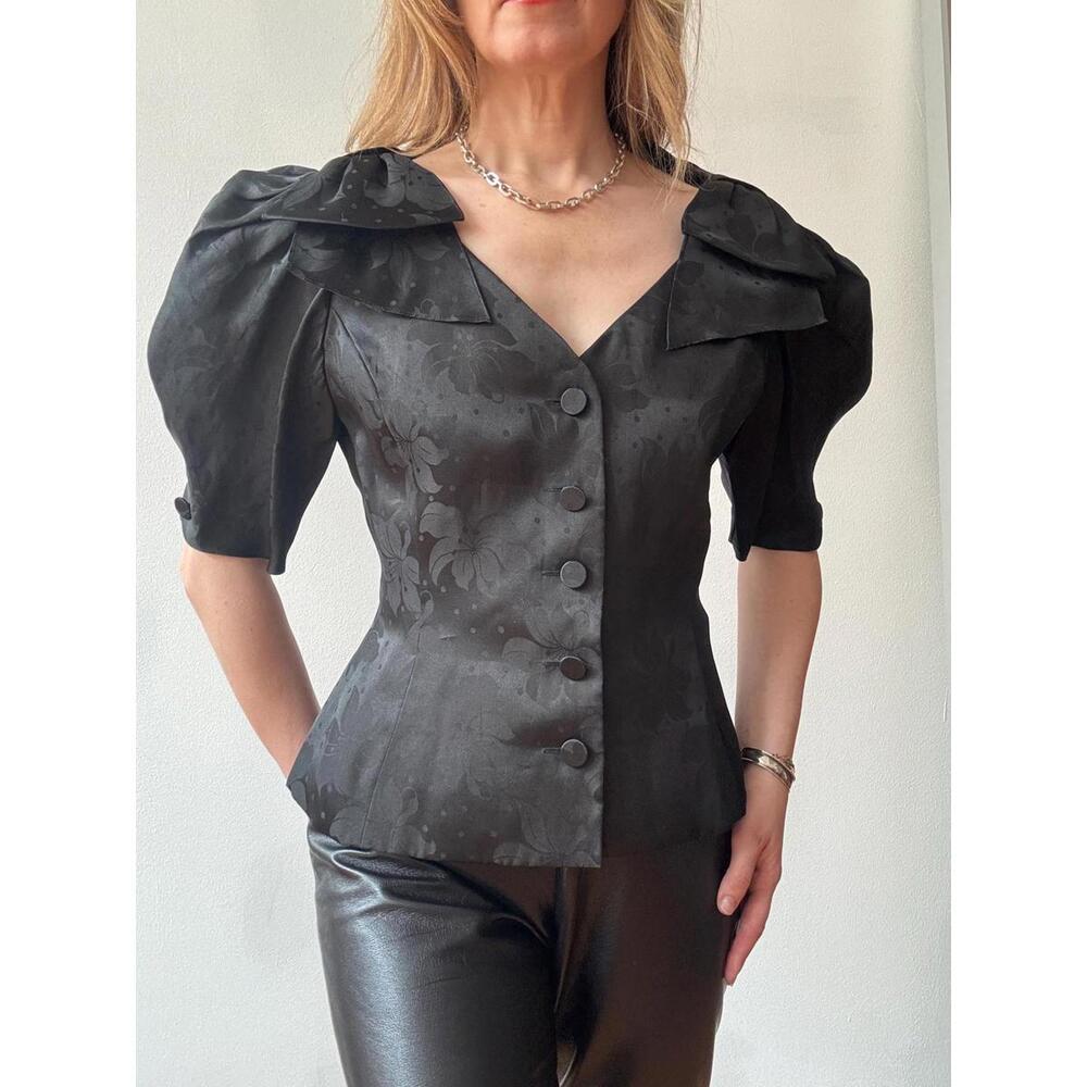Vintage 1980s Adele Simpson Black Silk Jacquard Puff Sleeve Blouse